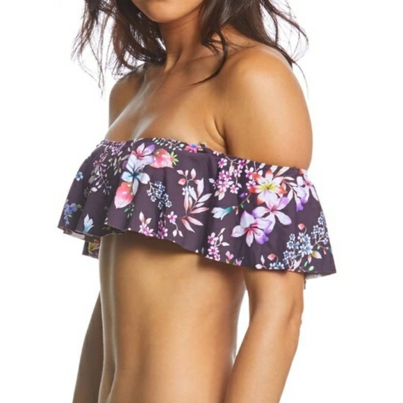 HOBIE Arm Cuff Off Shoulder Ruffled Flower Bathing Suit Bikini Bandeau Top NEW